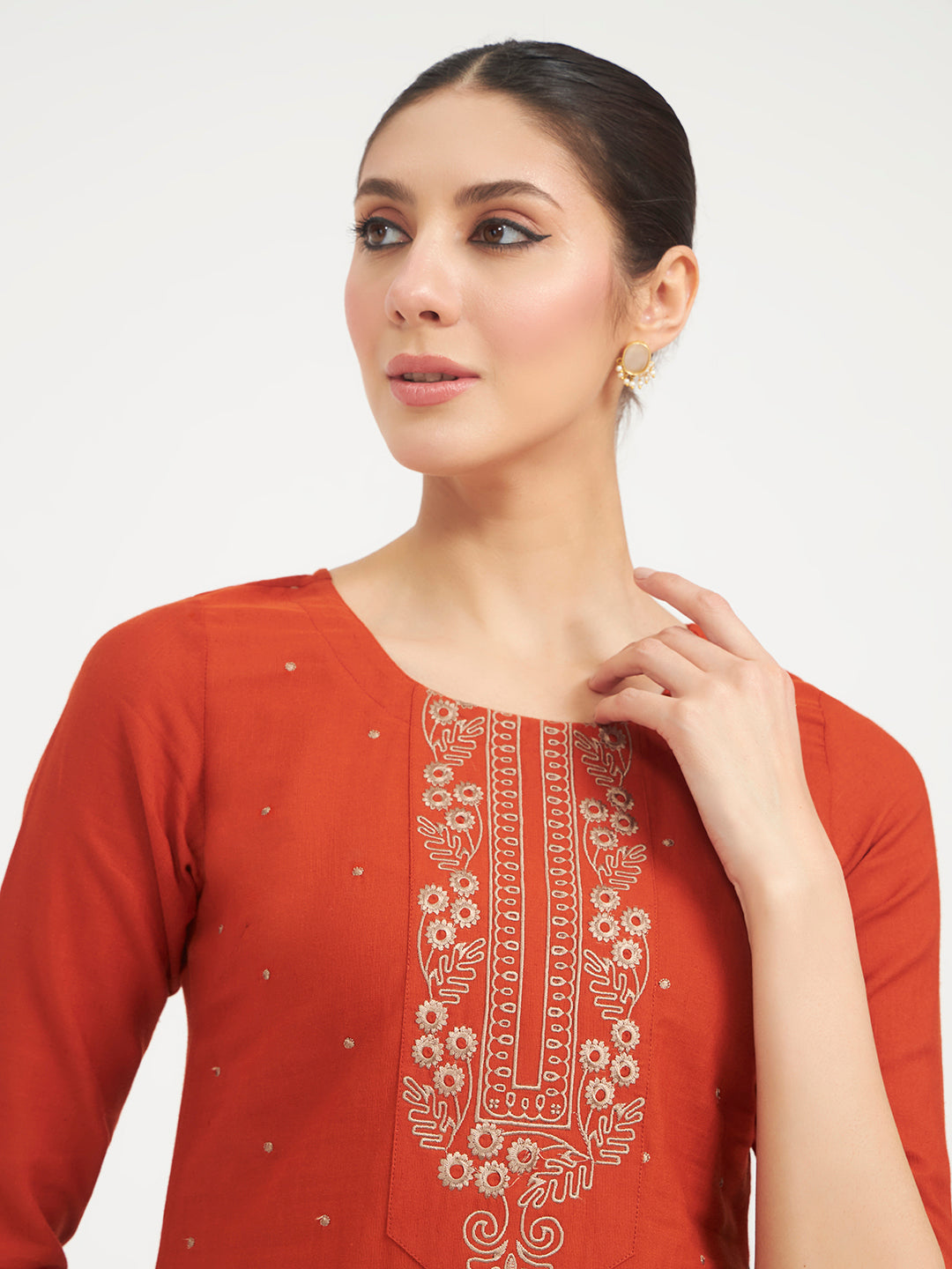 FIORRA Women Rust Embroidered Linen Kurta Set with Dupatta
