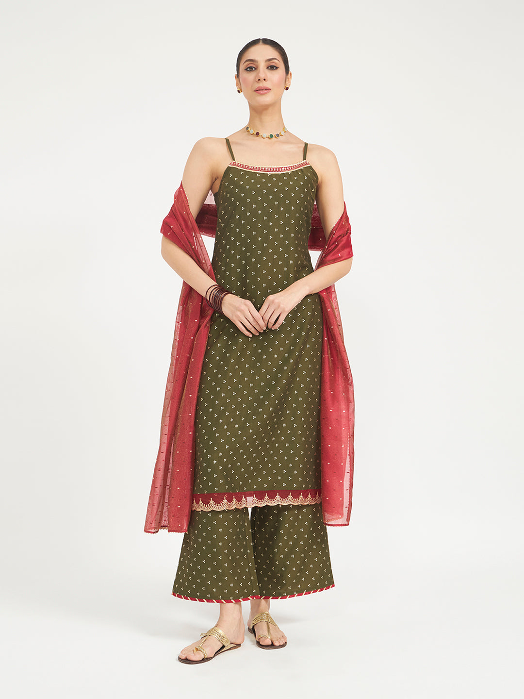 FIORRA Women Olive Green Embroidered Silk Blend Straight Kurta Set with Dupatta