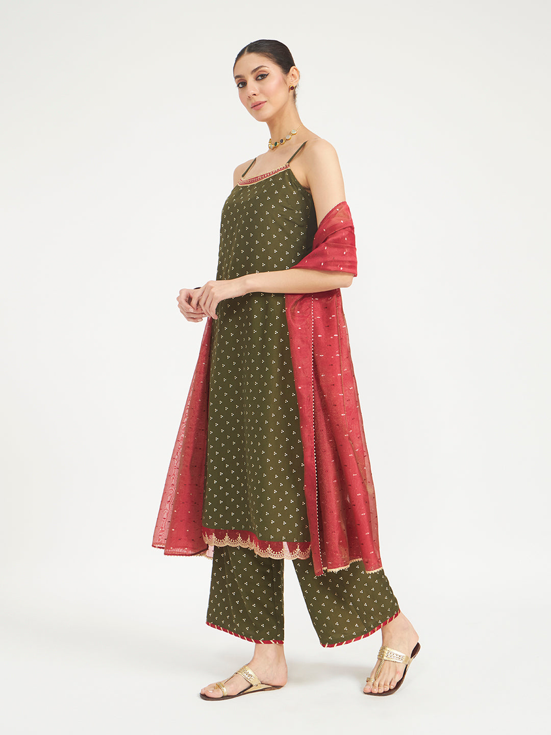 FIORRA Women Olive Green Embroidered Silk Blend Straight Kurta Set with Dupatta