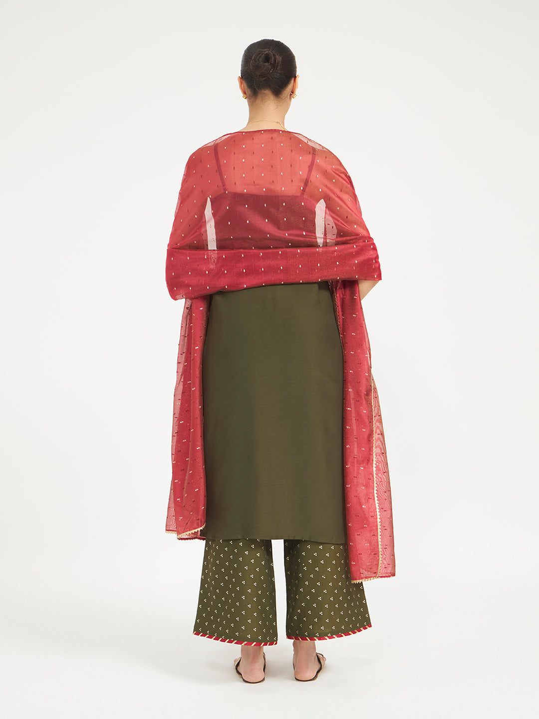 FIORRA Women Olive Green Embroidered Silk Blend Straight Kurta Set with Dupatta
