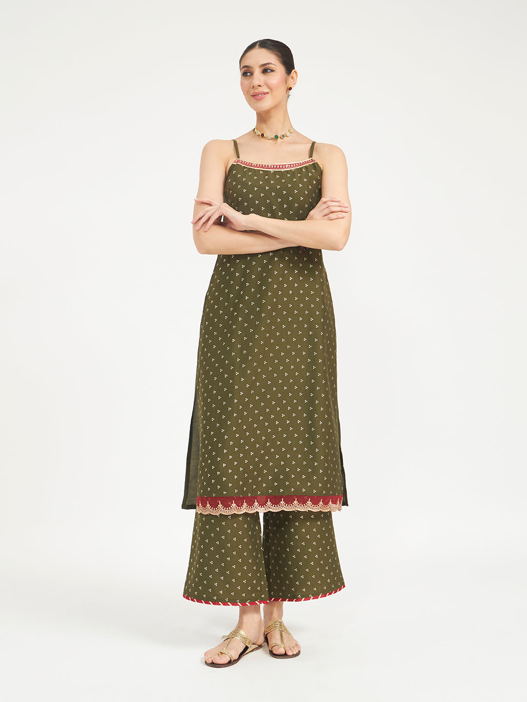 FIORRA Women Olive Green Embroidered Silk Blend Straight Kurta Set with Dupatta