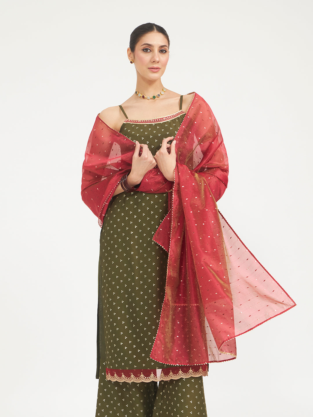 FIORRA Women Olive Green Embroidered Silk Blend Straight Kurta Set with Dupatta