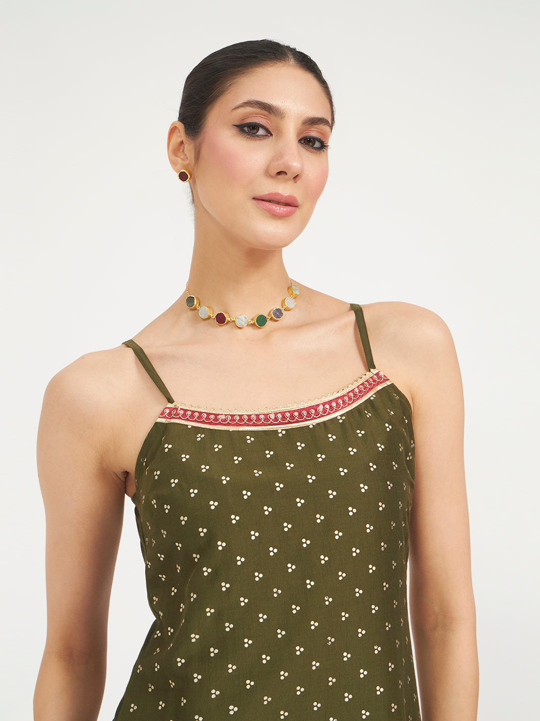 FIORRA Women Olive Green Embroidered Silk Blend Straight Kurta Set with Dupatta
