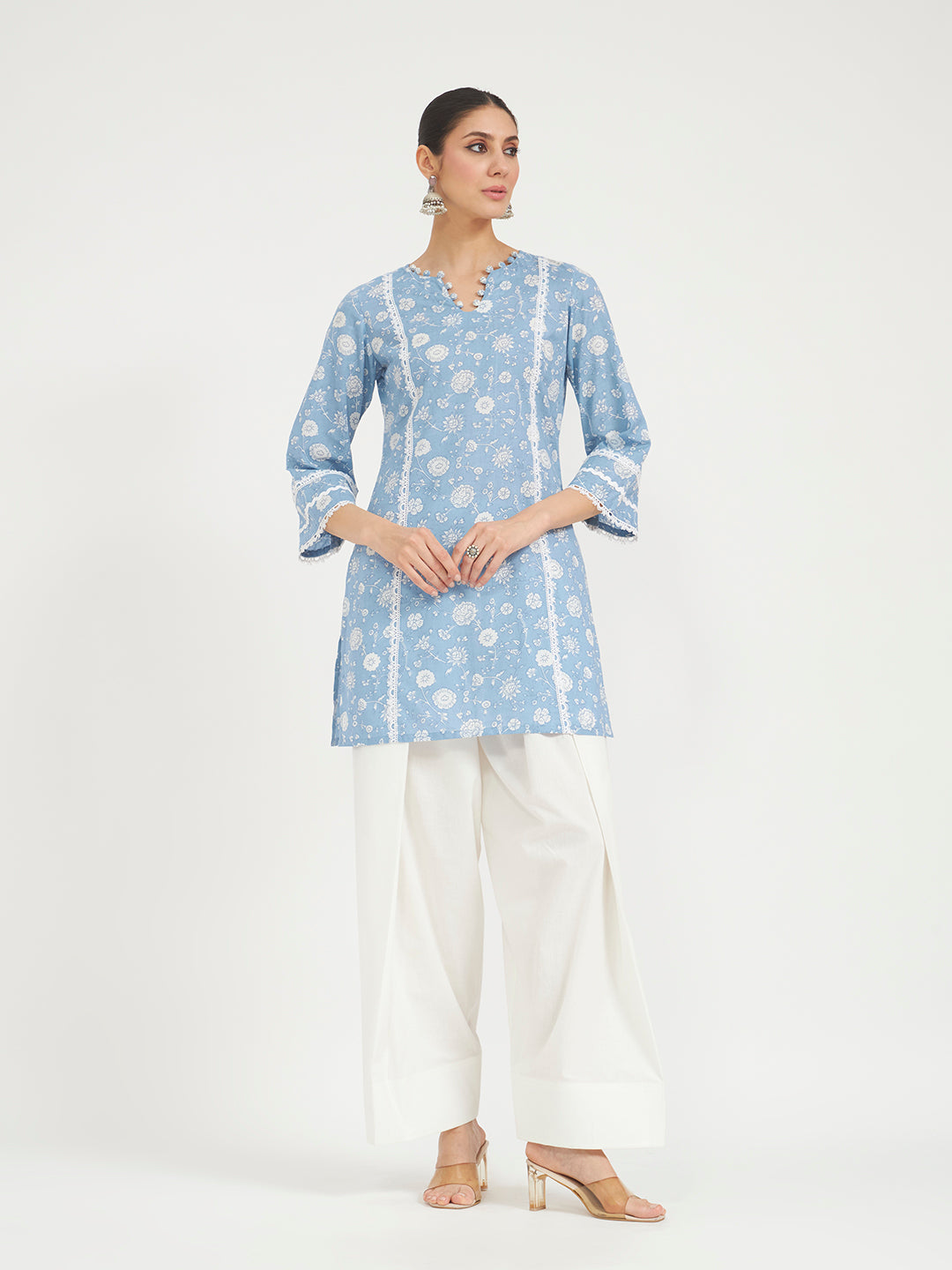 FIORRA Women Sky Blue Floral Printed Pure Cotton Straight Kurta with Farsi Salwar