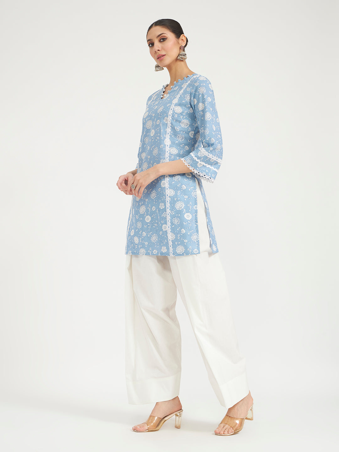 FIORRA Women Sky Blue Floral Printed Pure Cotton Straight Kurta with Farsi Salwar