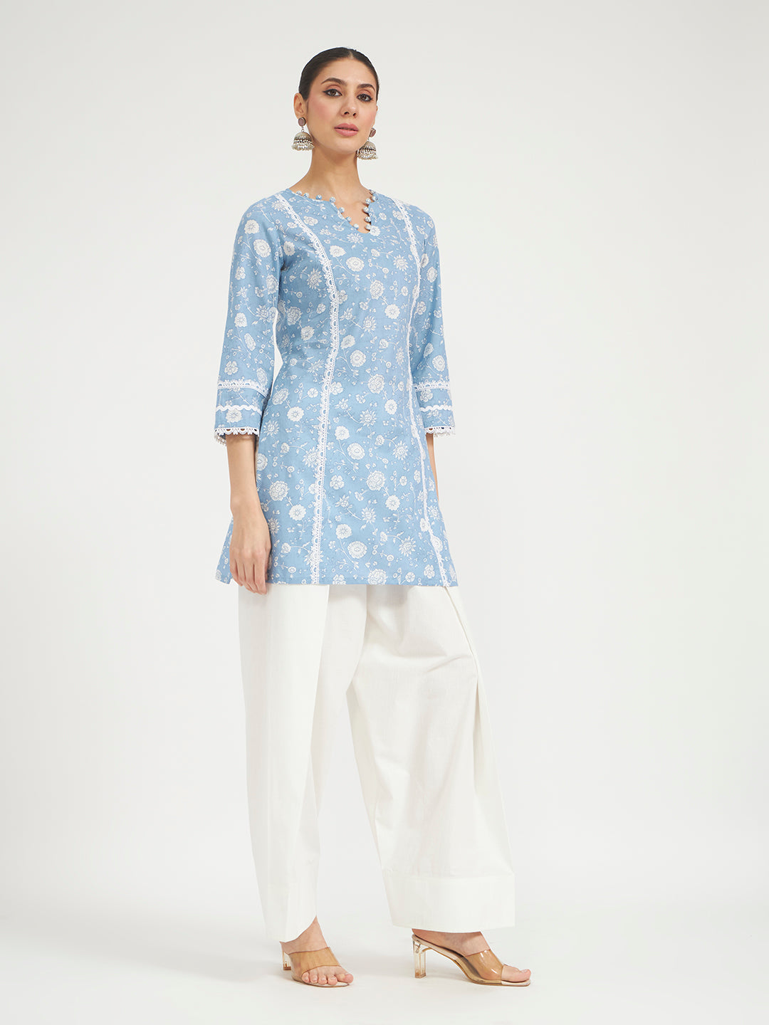FIORRA Women Sky Blue Floral Printed Pure Cotton Straight Kurta with Farsi Salwar