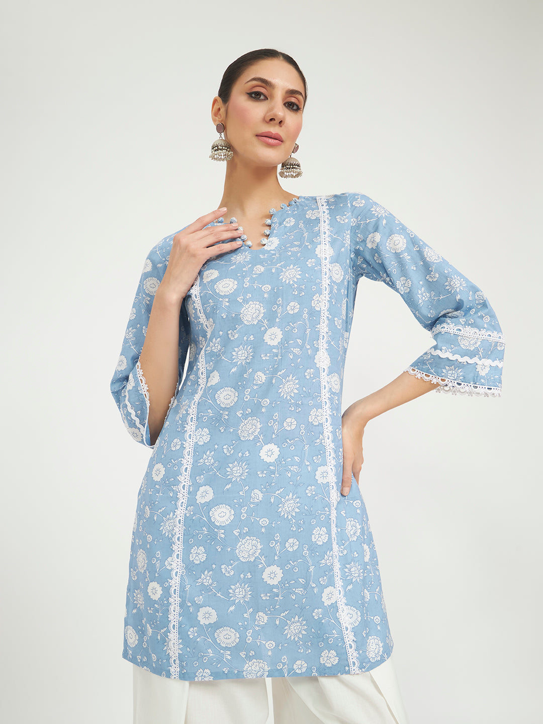 FIORRA Women Sky Blue Floral Printed Pure Cotton Straight Kurta with Farsi Salwar
