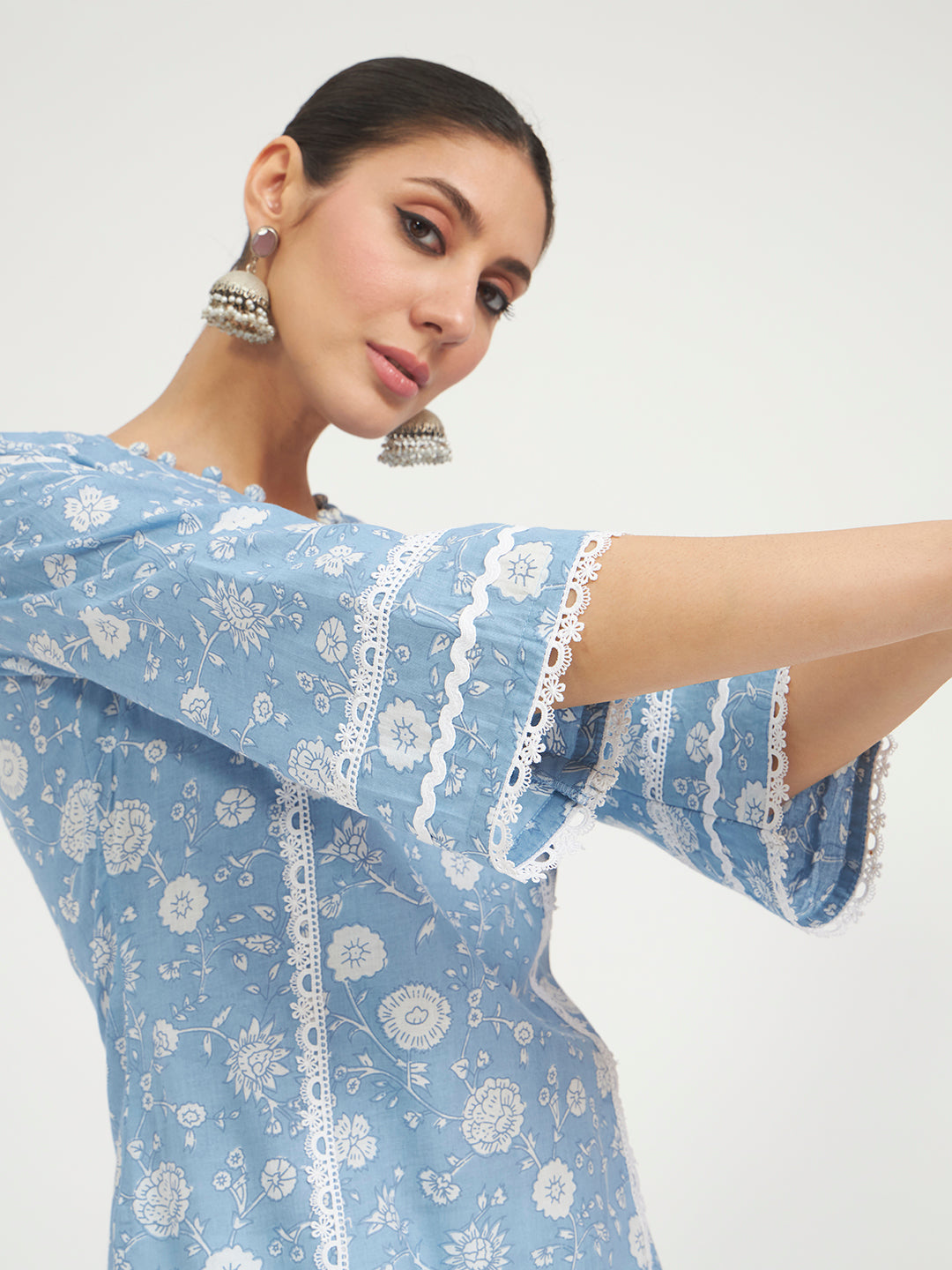 FIORRA Women Sky Blue Floral Printed Pure Cotton Straight Kurta with Farsi Salwar