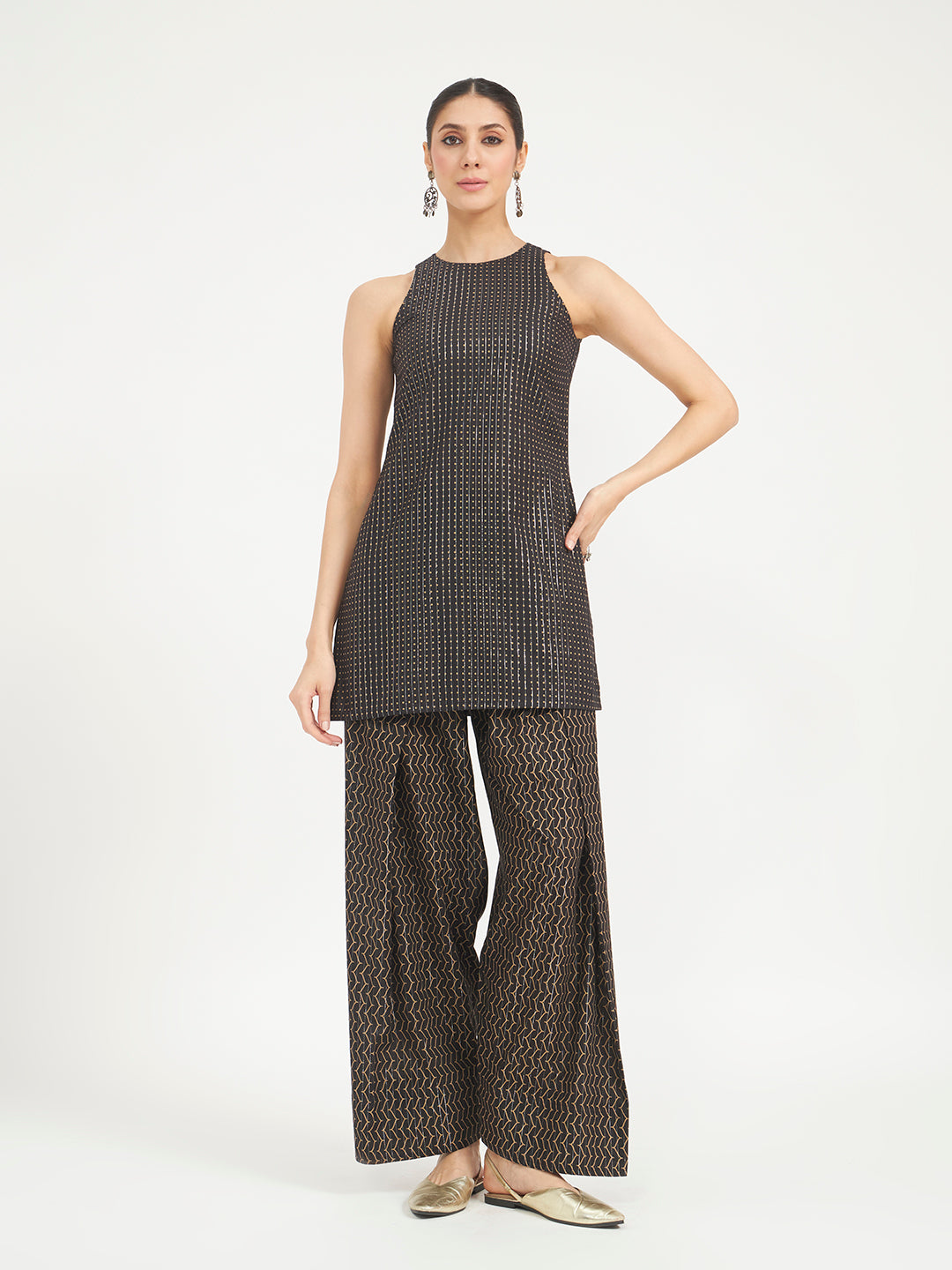 FIORRA Women Black Printed Pure Cotton Straight Kurta with Farsi Salwar