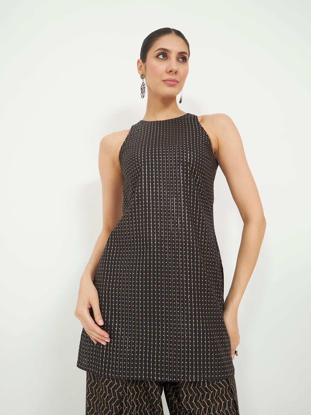 FIORRA Women Black Printed Pure Cotton Straight Kurta with Farsi Salwar
