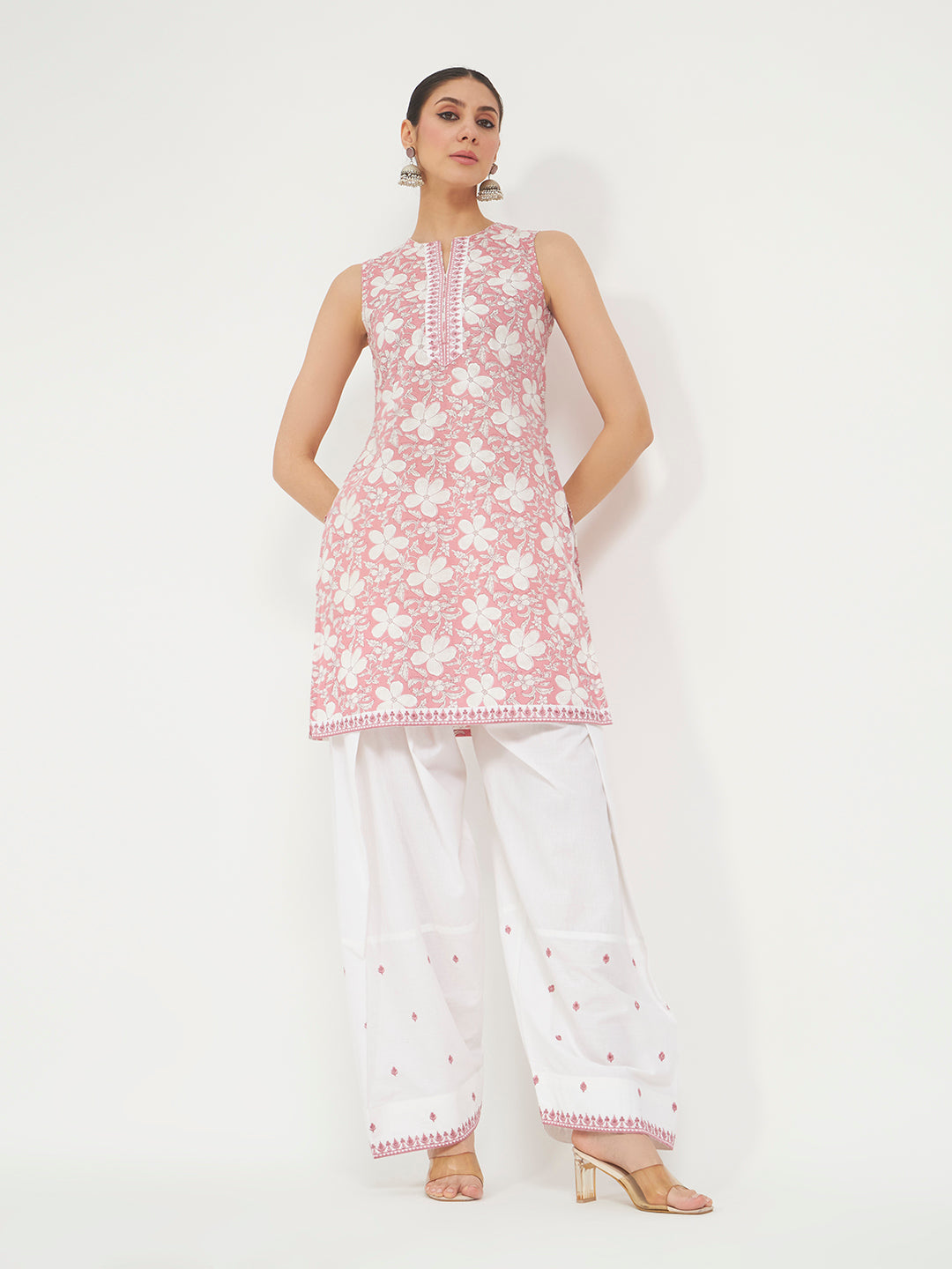 FIORRA Women Light Pink Floral Printed Pure Cotton Straight Kurta with Farsi Salwar