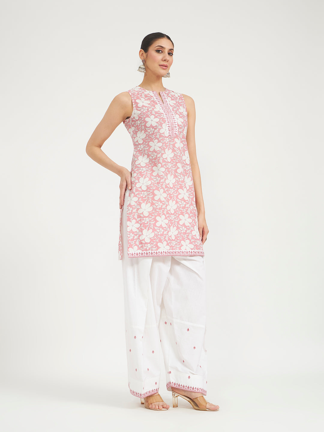 FIORRA Women Light Pink Floral Printed Pure Cotton Straight Kurta with Farsi Salwar