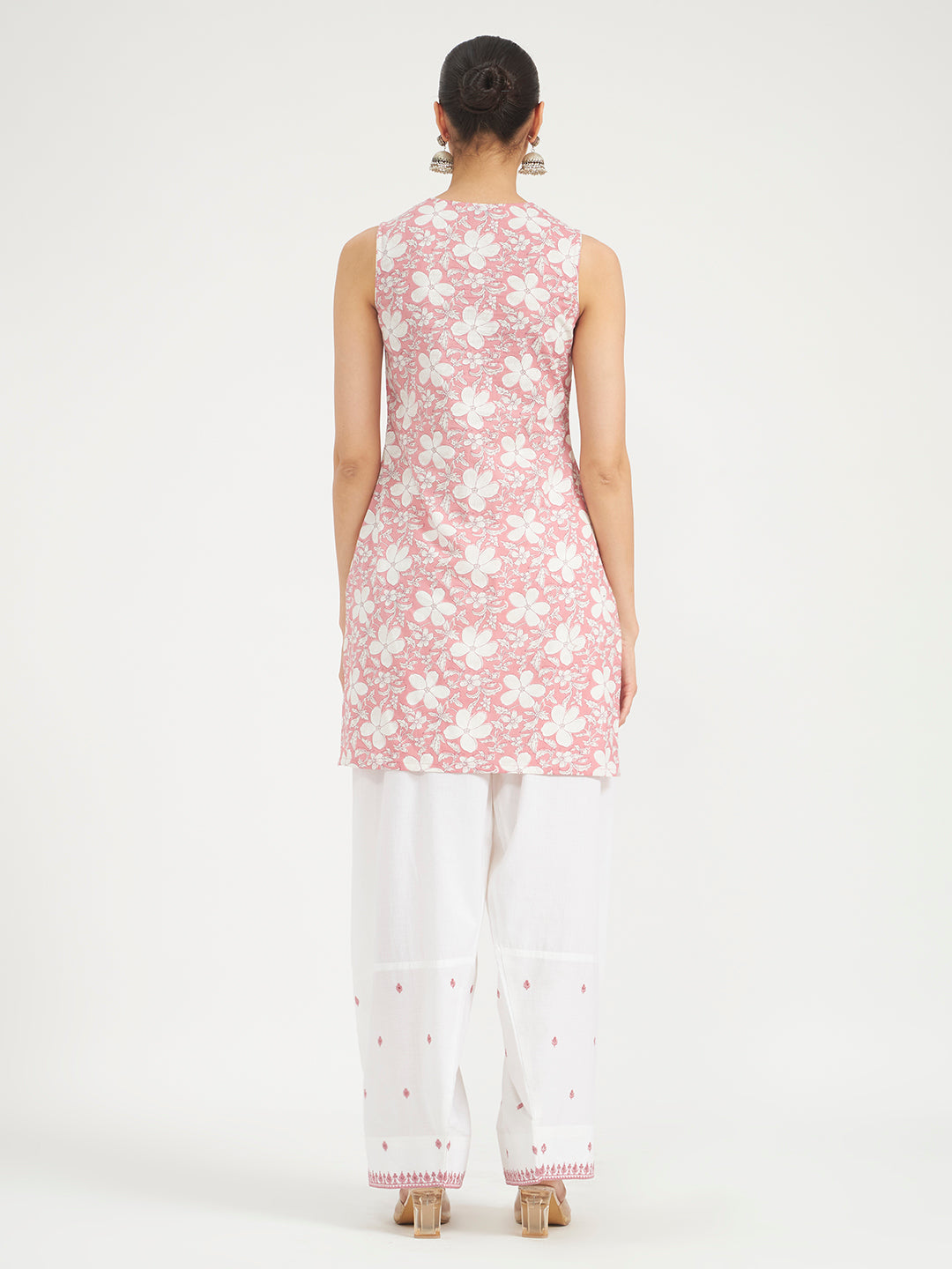 FIORRA Women Light Pink Floral Printed Pure Cotton Straight Kurta with Farsi Salwar