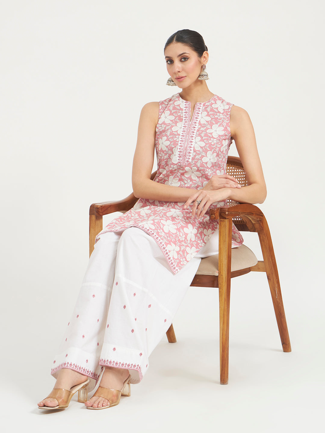 FIORRA Women Light Pink Floral Printed Pure Cotton Straight Kurta with Farsi Salwar