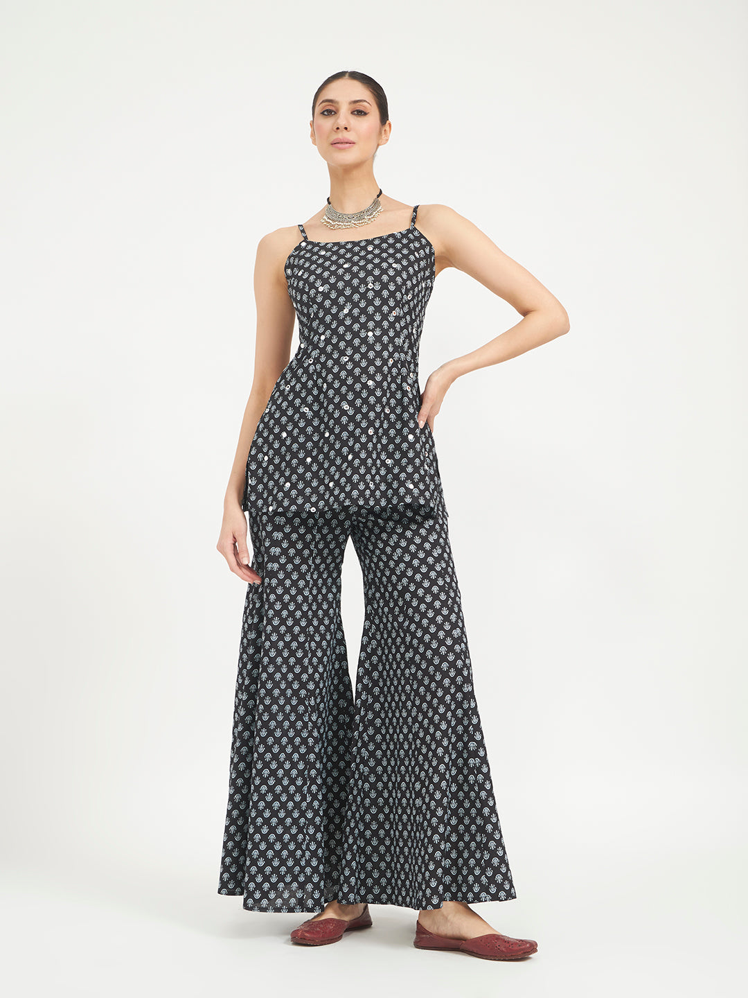 FIORRA Women Black Floral Printed Pure Cotton Kurta with Palazzo