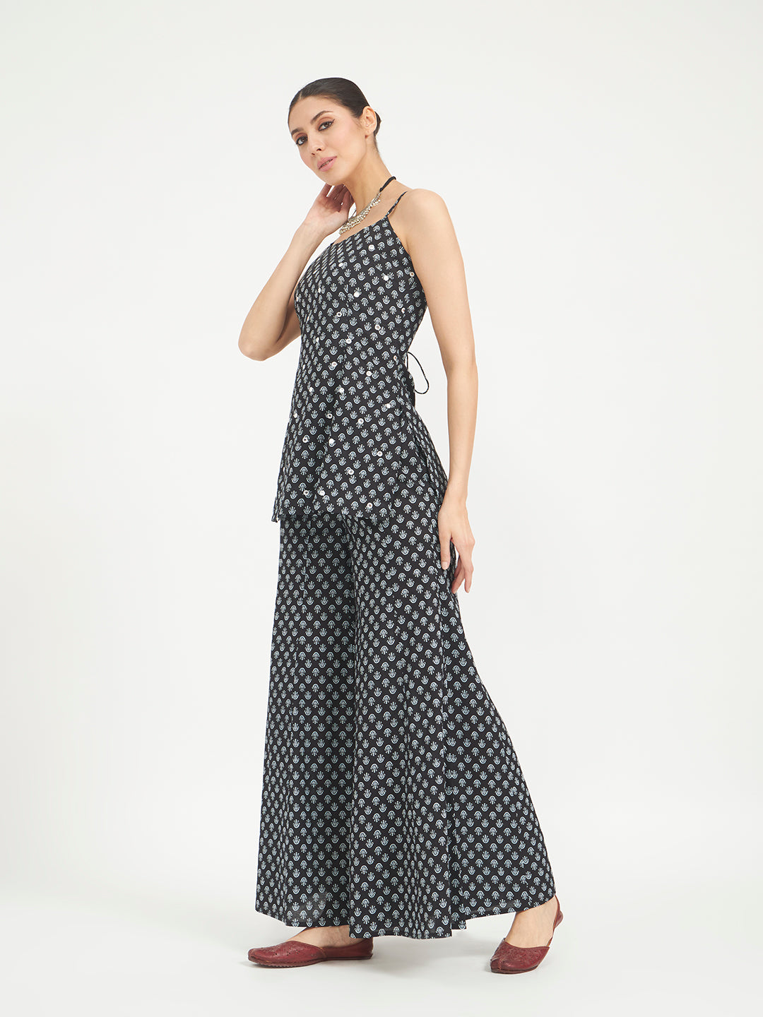 FIORRA Women Black Floral Printed Pure Cotton Kurta with Palazzo