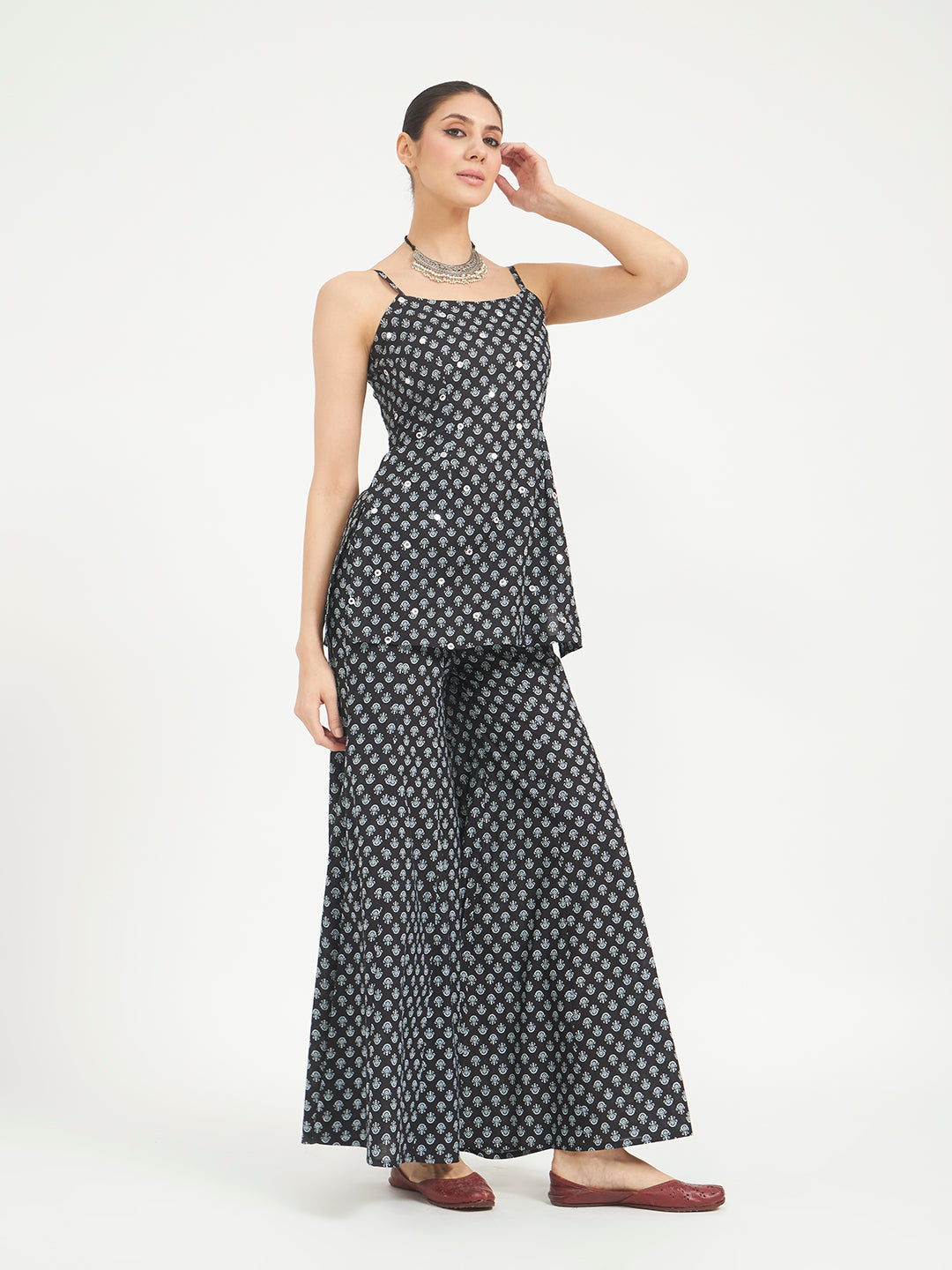 FIORRA Women Black Floral Printed Pure Cotton Kurta with Palazzo
