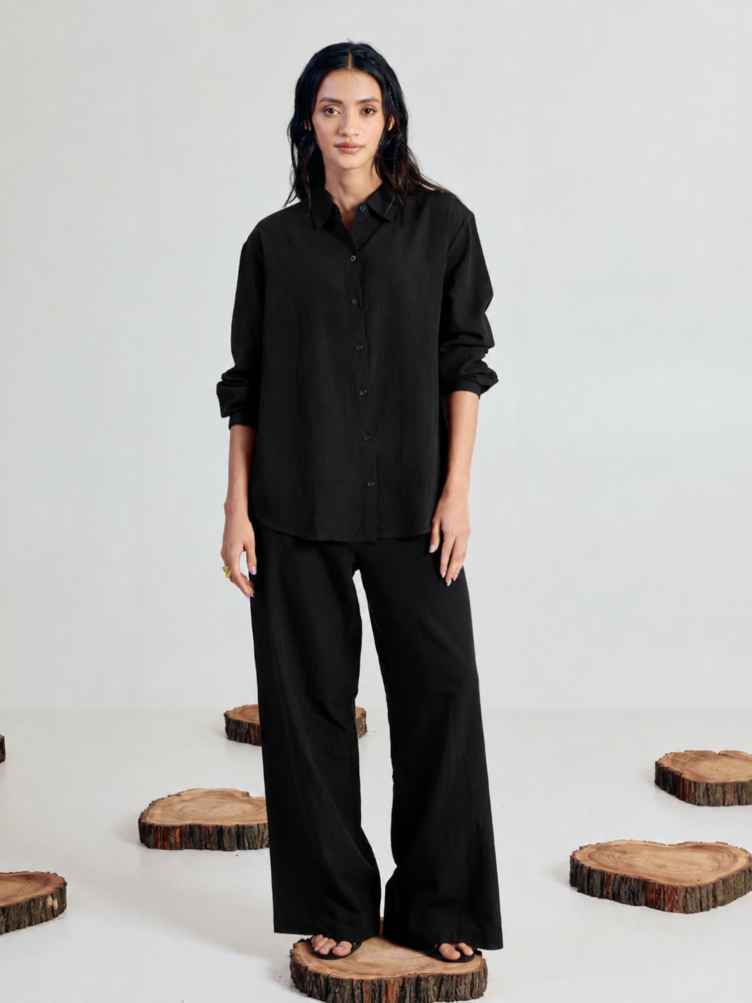 FIORRA Women’s Black Linen-Blend Loose Relaxed Fit Co-Ord Set