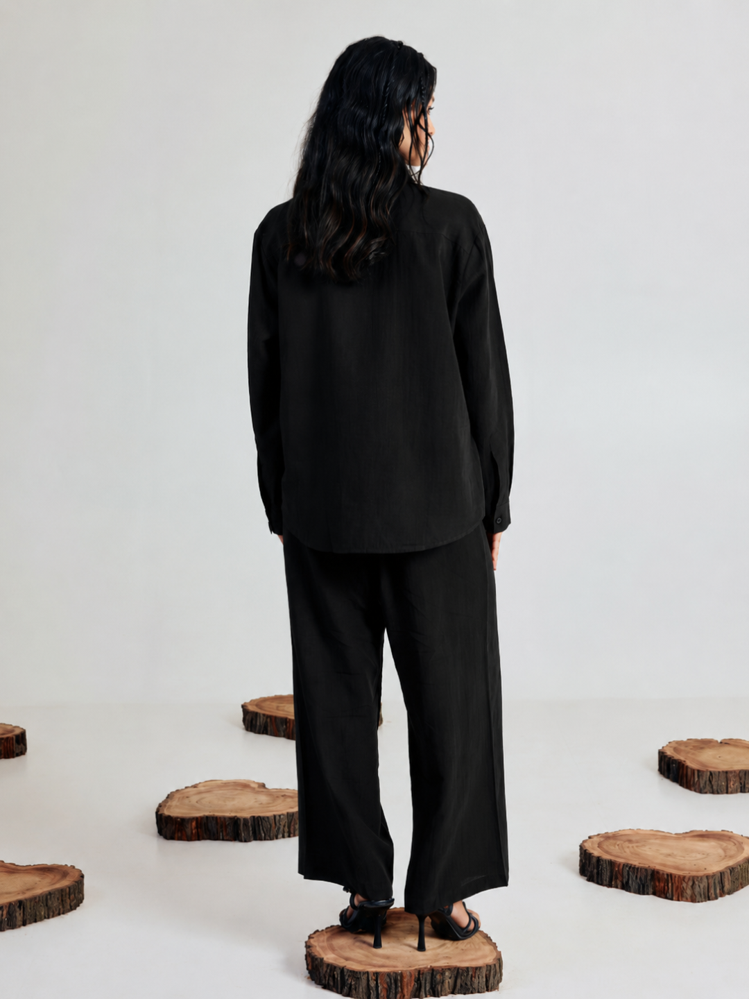FIORRA Women’s Black Linen-Blend Loose Relaxed Fit Co-Ord Set