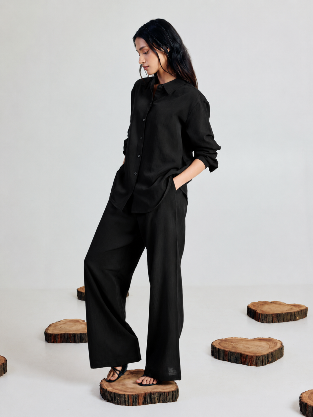 FIORRA Women’s Black Linen-Blend Loose Relaxed Fit Co-Ord Set