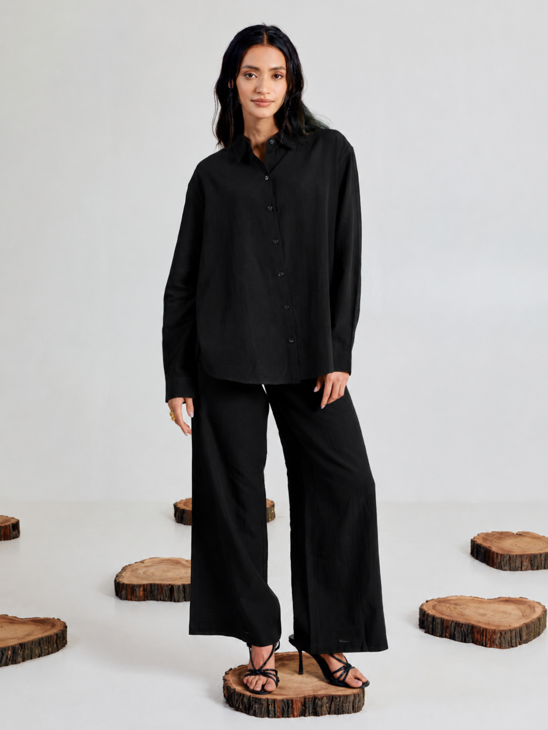 FIORRA Women’s Black Linen-Blend Loose Relaxed Fit Co-Ord Set