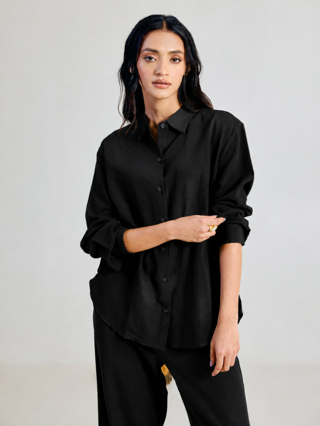 FIORRA Women’s Black Linen-Blend Loose Relaxed Fit Co-Ord Set