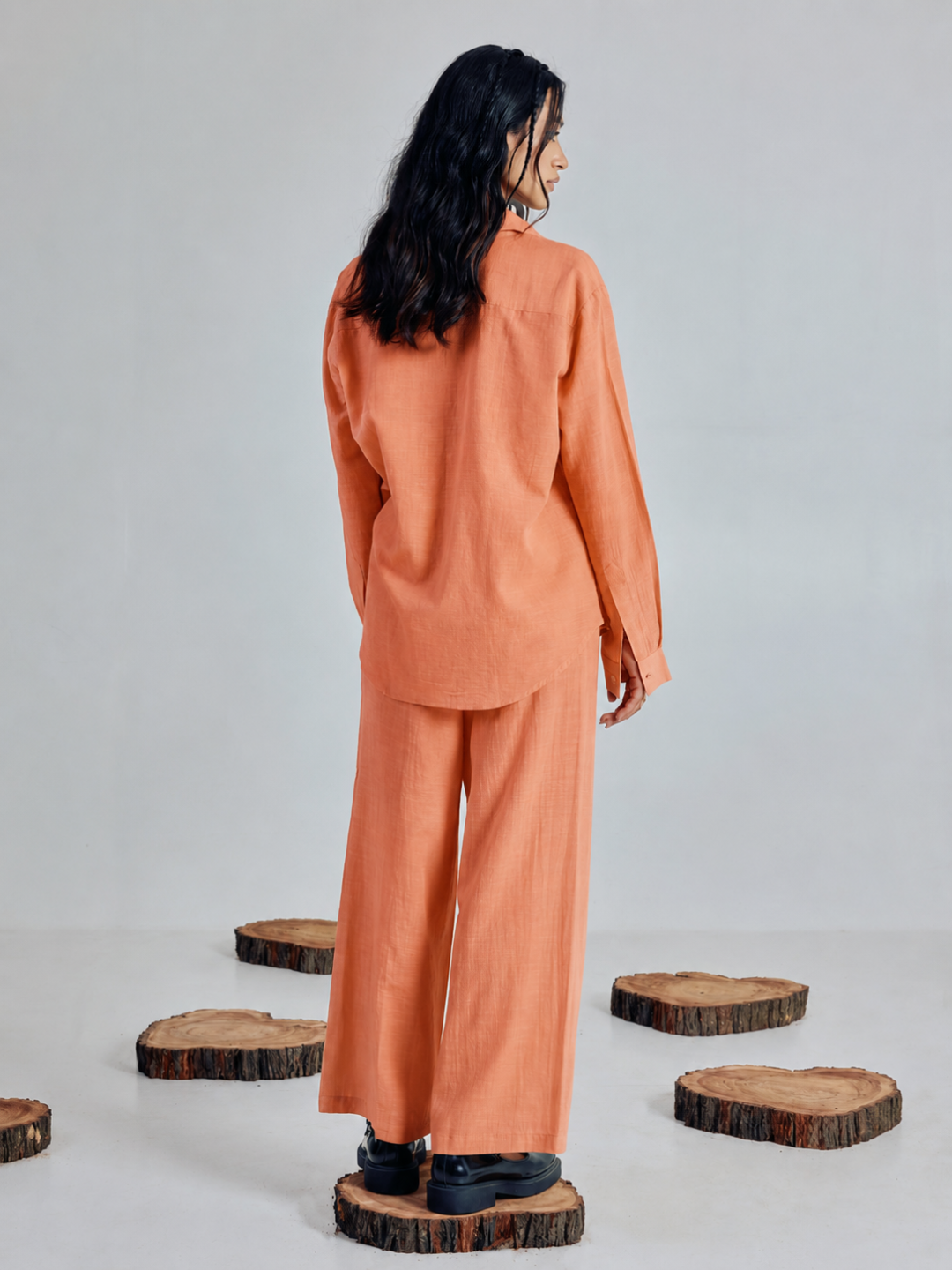 FIORRA Women’s Orange Linen-Blend Loose Relaxed Fit Co-Ord Set
