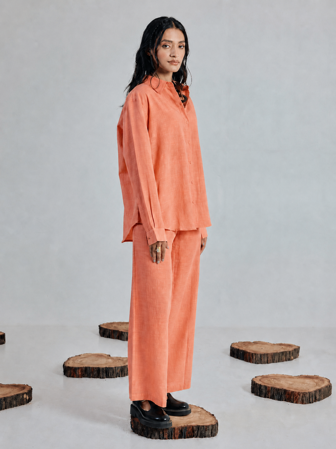 FIORRA Women’s Orange Linen-Blend Loose Relaxed Fit Co-Ord Set