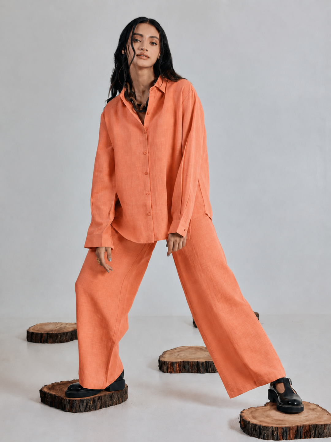 FIORRA Women’s Orange Linen-Blend Loose Relaxed Fit Co-Ord Set