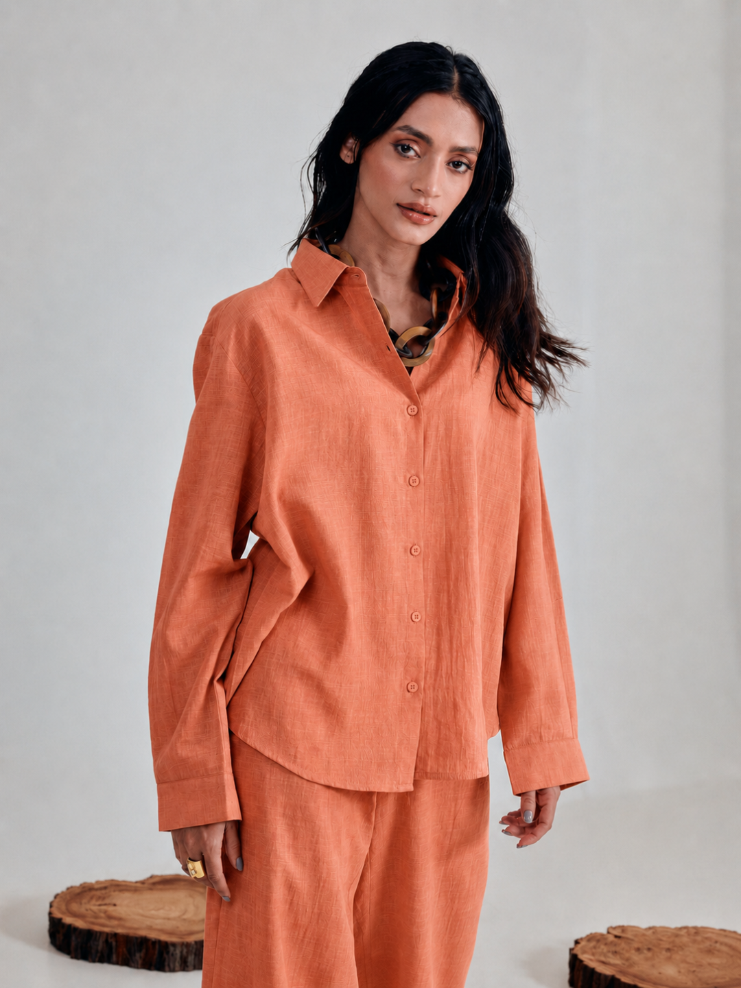 FIORRA Women’s Orange Linen-Blend Loose Relaxed Fit Co-Ord Set