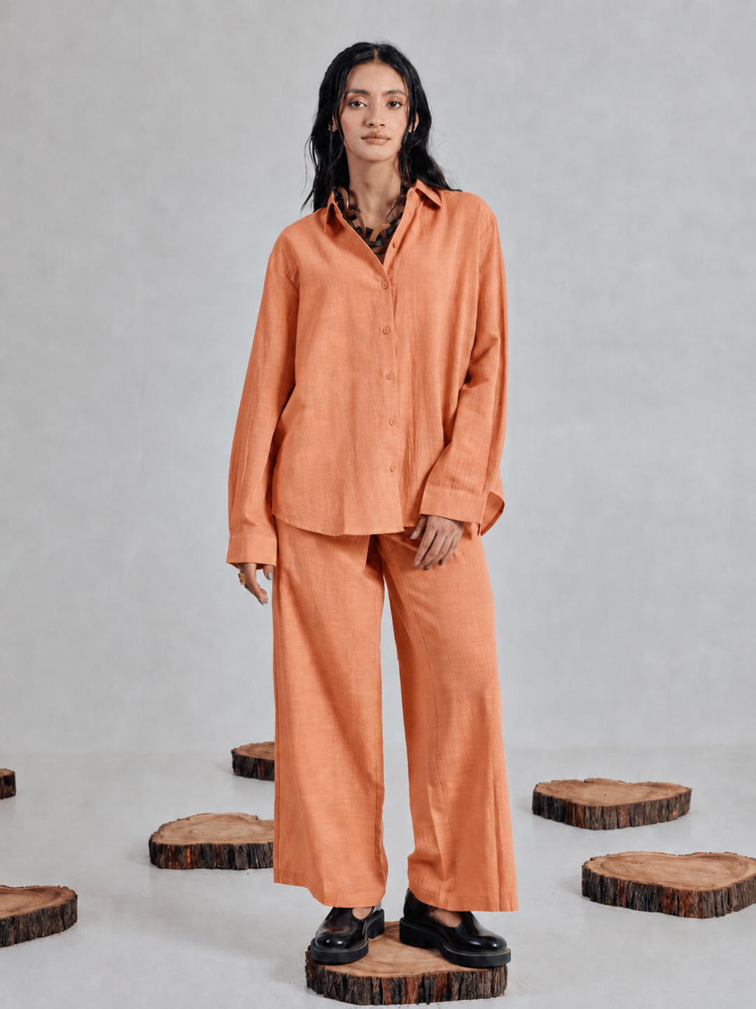 FIORRA Women’s Orange Linen-Blend Loose Relaxed Fit Co-Ord Set