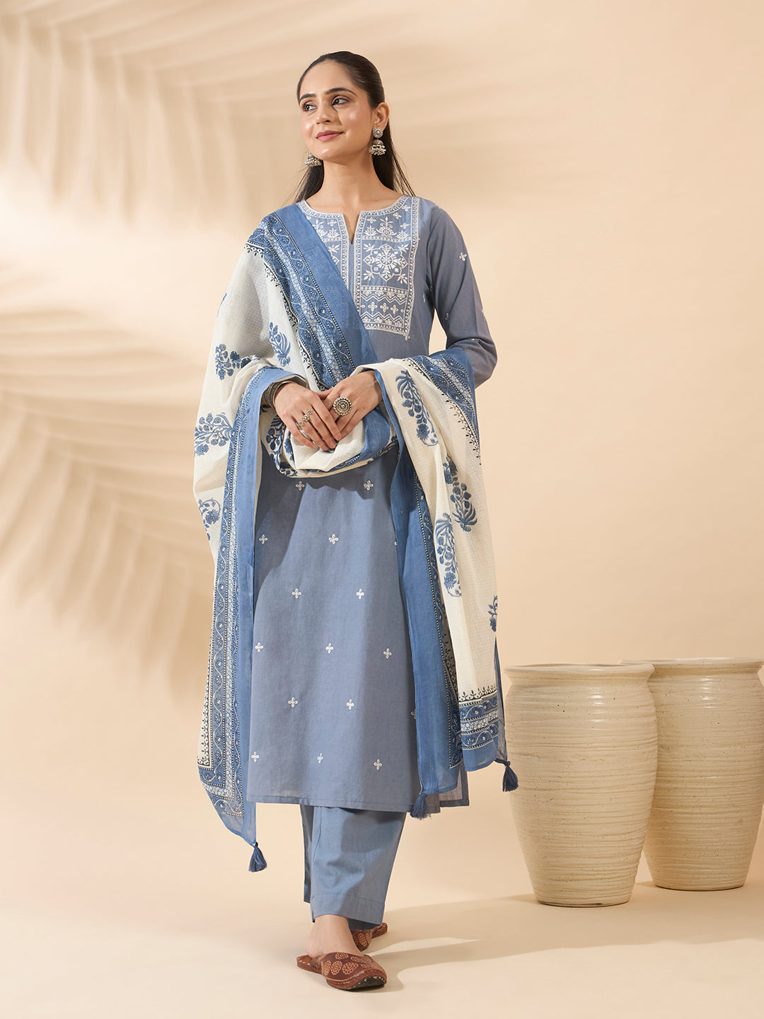 FIORRA Women's Powder Blue Embroidered Pure Cotton Kurta Set with Dupatta