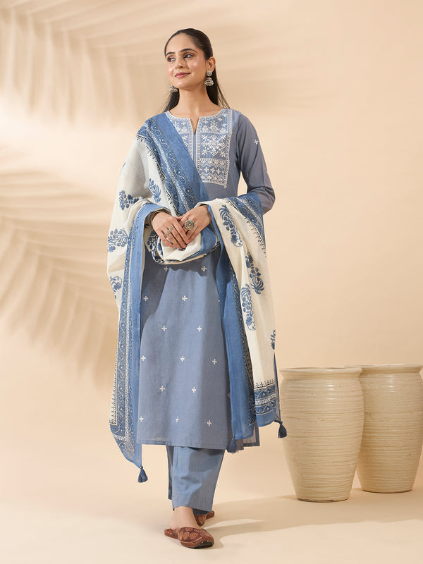 FIORRA Women's Powder Blue Embroidered Pure Cotton Kurta Set with Dupatta