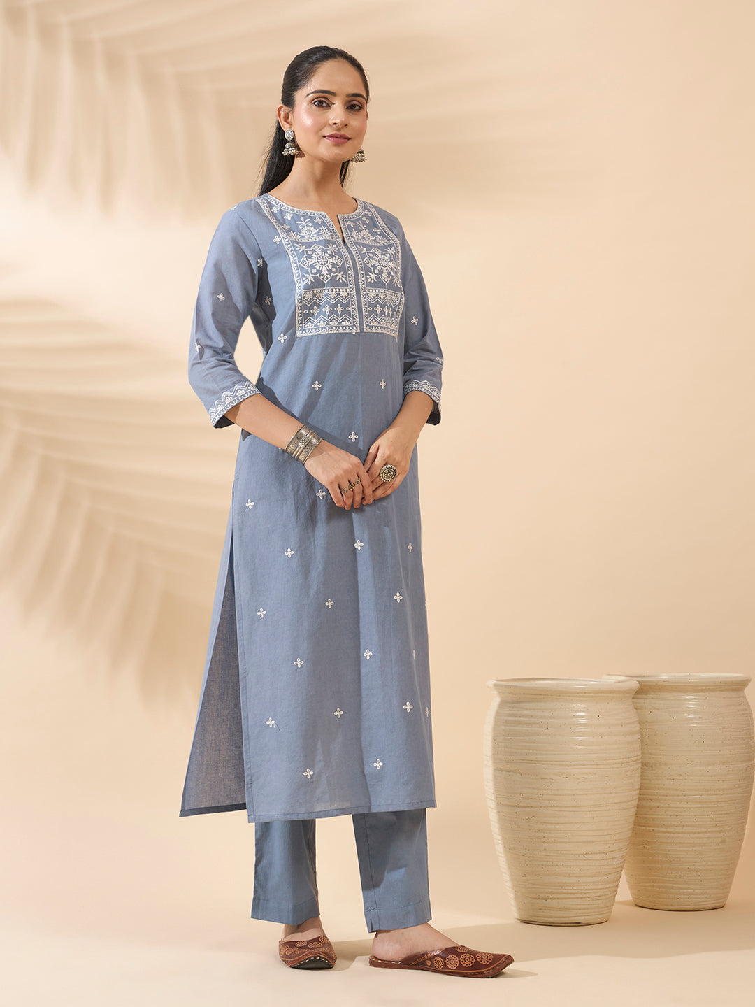 FIORRA Women's Powder Blue Embroidered Pure Cotton Kurta Set with Dupatta