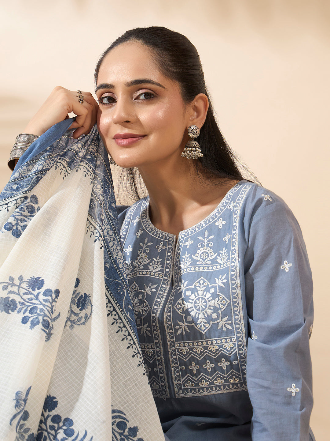 FIORRA Women's Powder Blue Embroidered Pure Cotton Kurta Set with Dupatta
