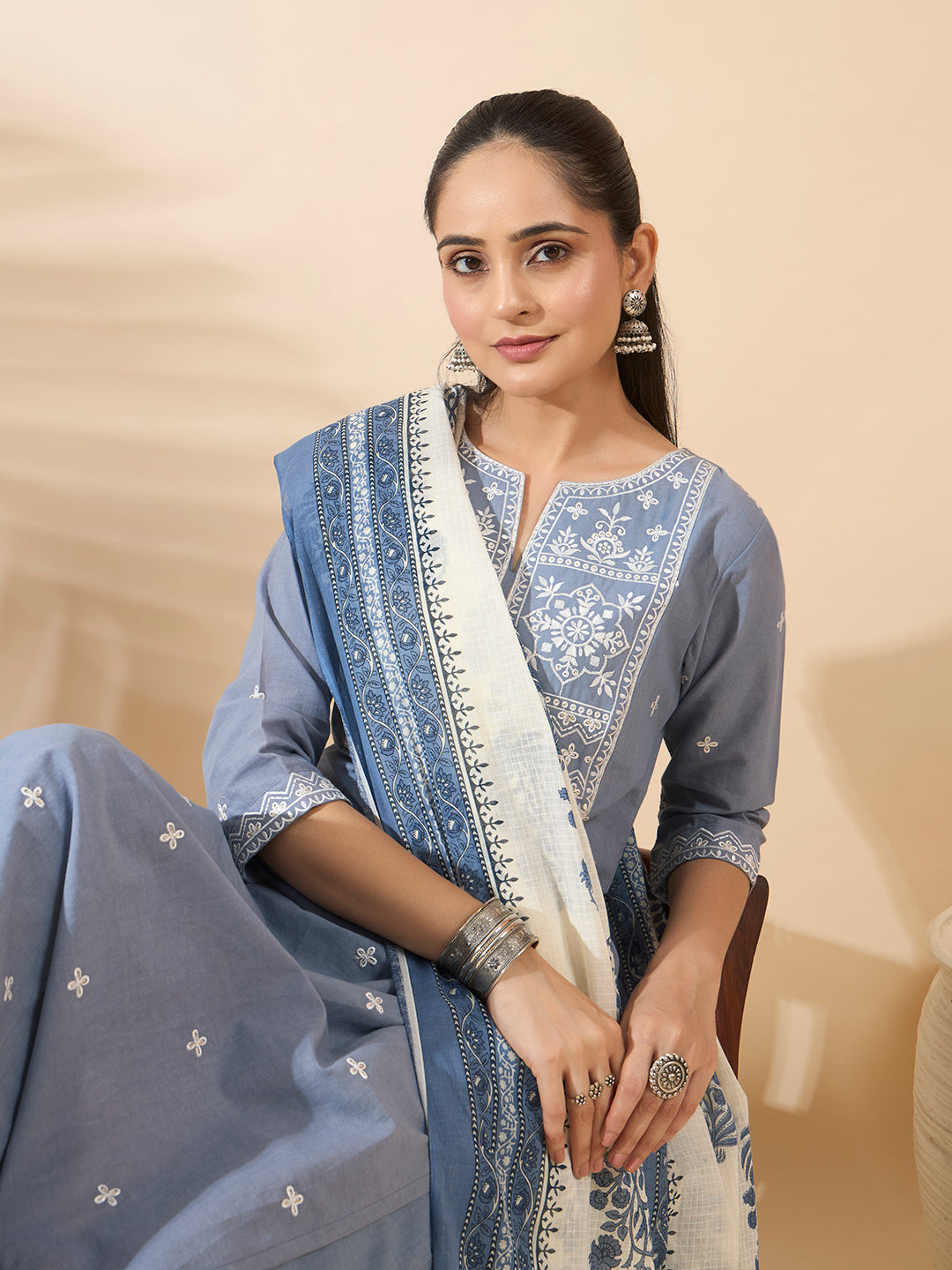 FIORRA Women's Powder Blue Embroidered Pure Cotton Kurta Set with Dupatta