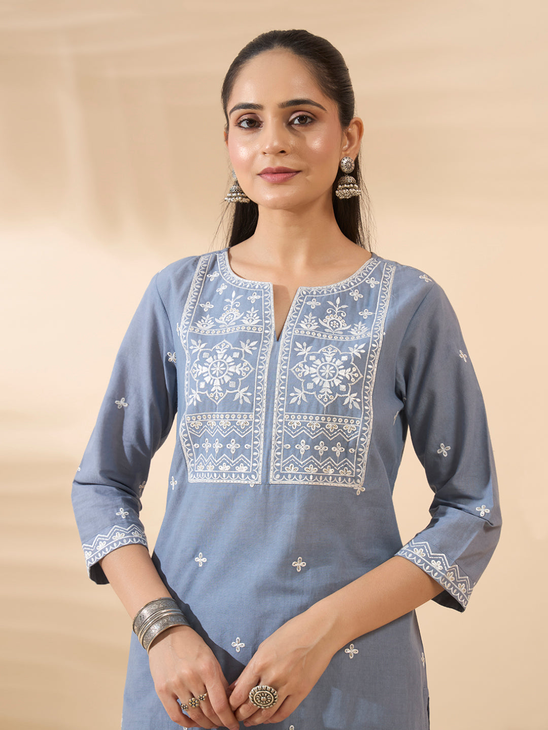FIORRA Women's Powder Blue Embroidered Pure Cotton Kurta Set with Dupatta