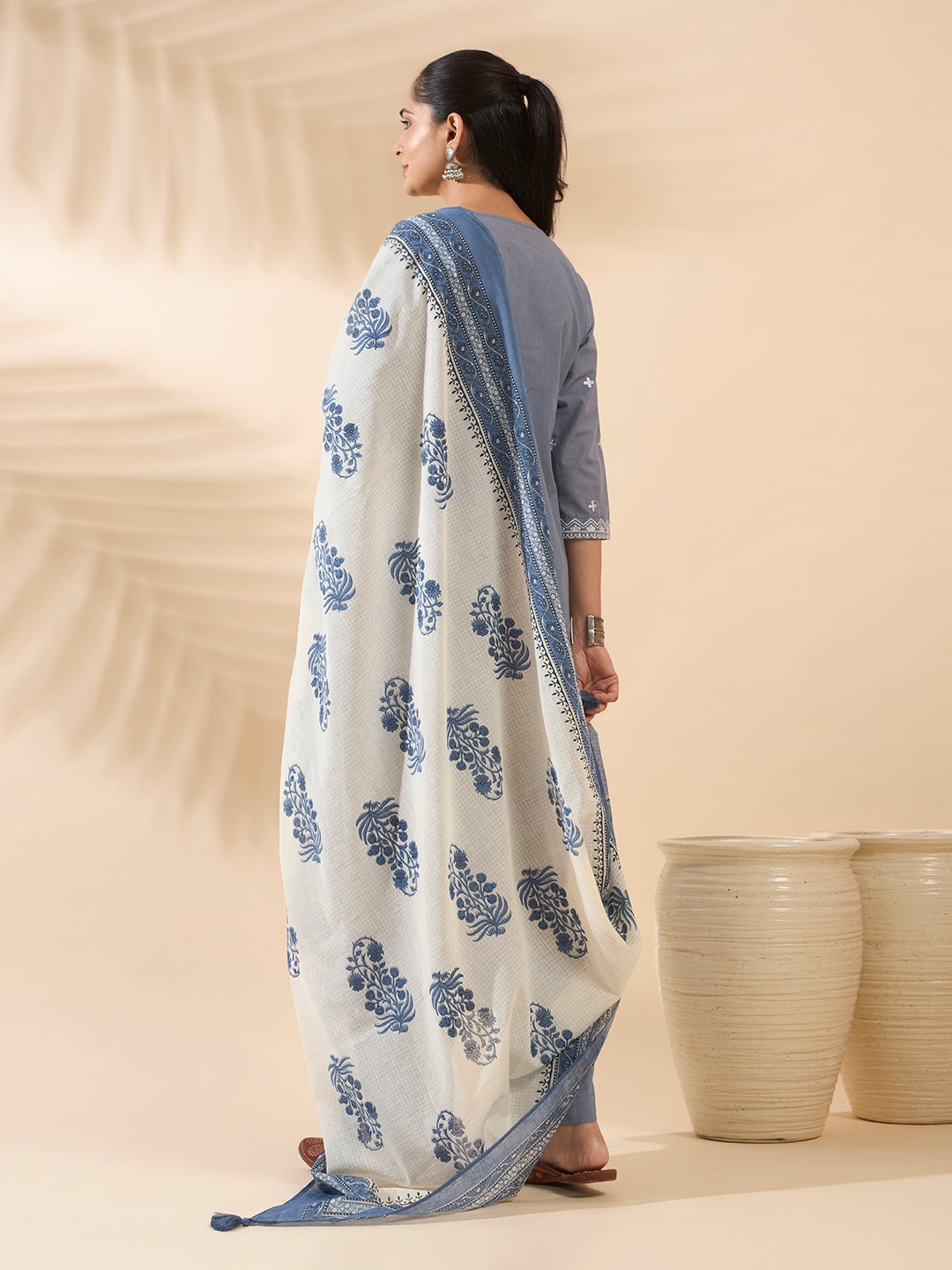 FIORRA Women's Powder Blue Embroidered Pure Cotton Kurta Set with Dupatta