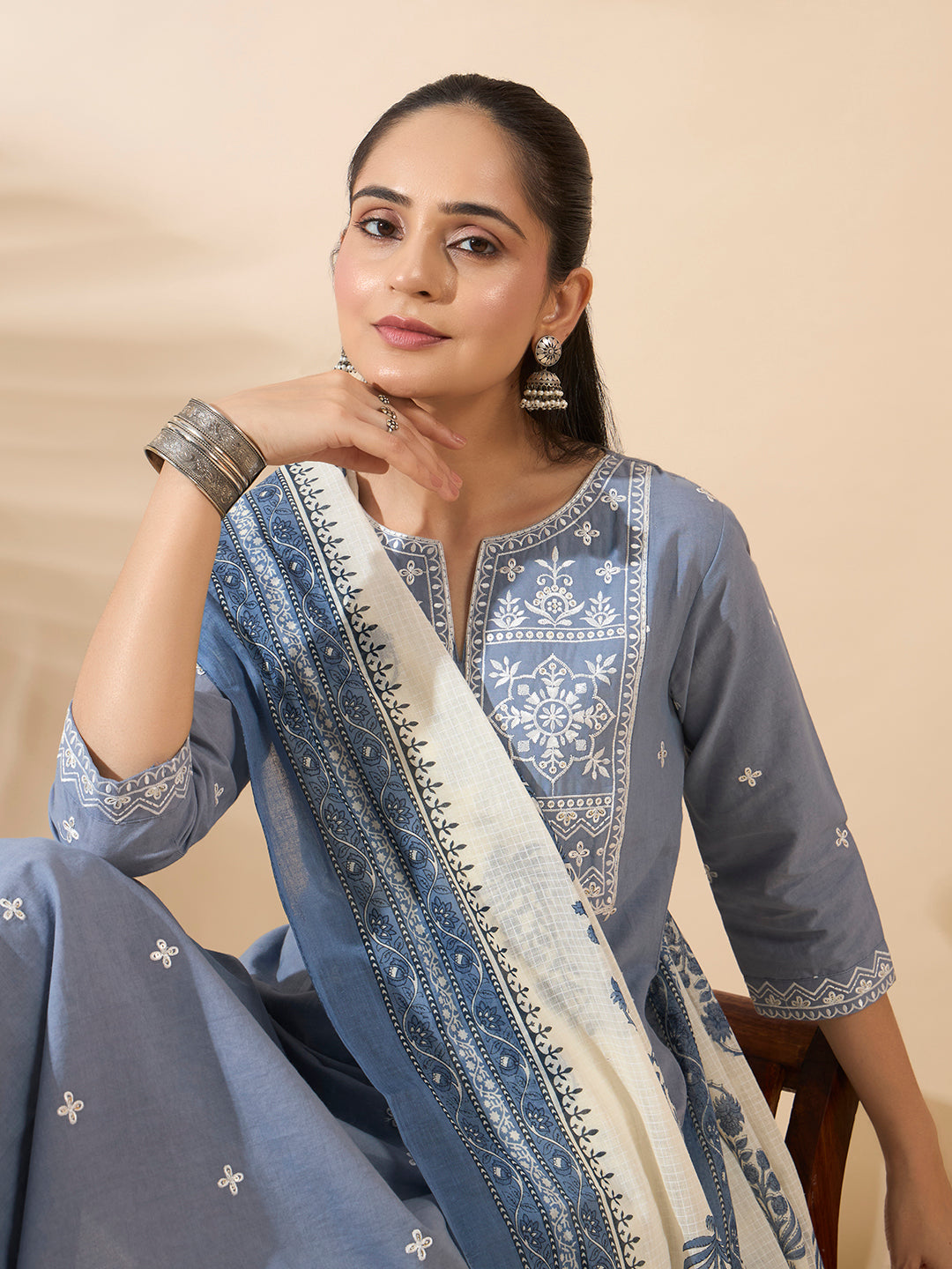 FIORRA Women's Powder Blue Embroidered Pure Cotton Kurta Set with Dupatta