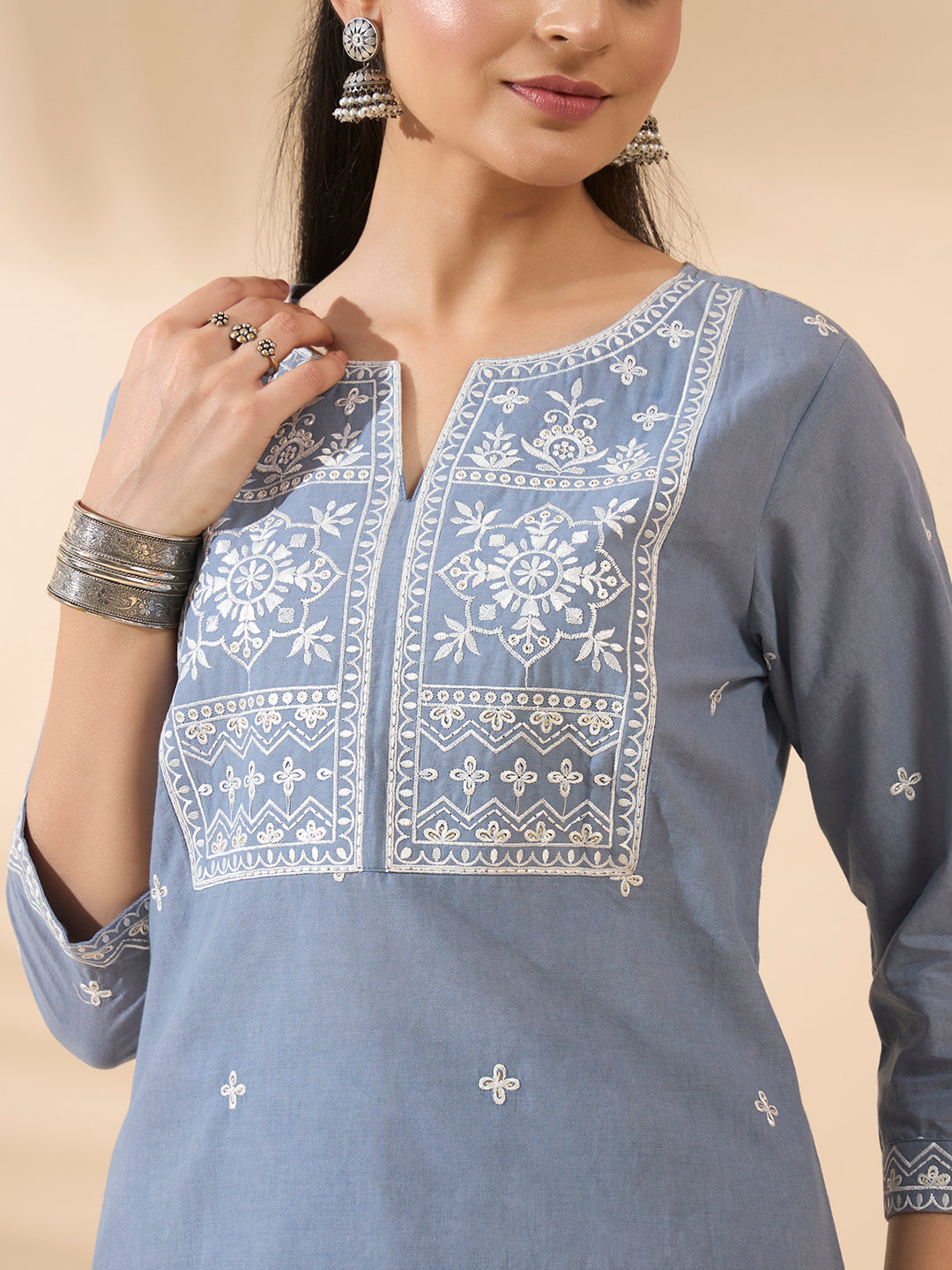 FIORRA Women's Powder Blue Embroidered Pure Cotton Kurta Set with Dupatta