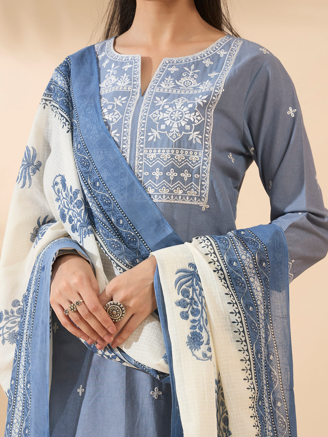 FIORRA Women's Powder Blue Embroidered Pure Cotton Kurta Set with Dupatta