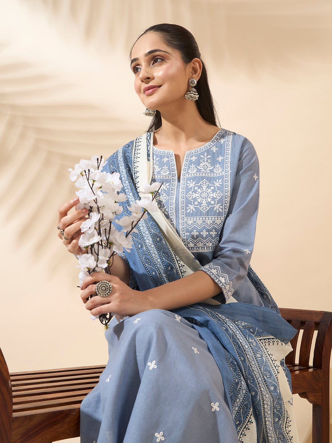 FIORRA Women's Powder Blue Embroidered Pure Cotton Kurta Set with Dupatta