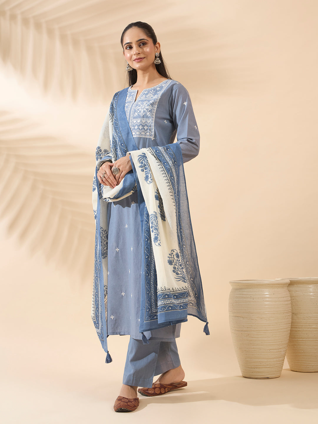 FIORRA Women's Powder Blue Embroidered Pure Cotton Kurta Set with Dupatta