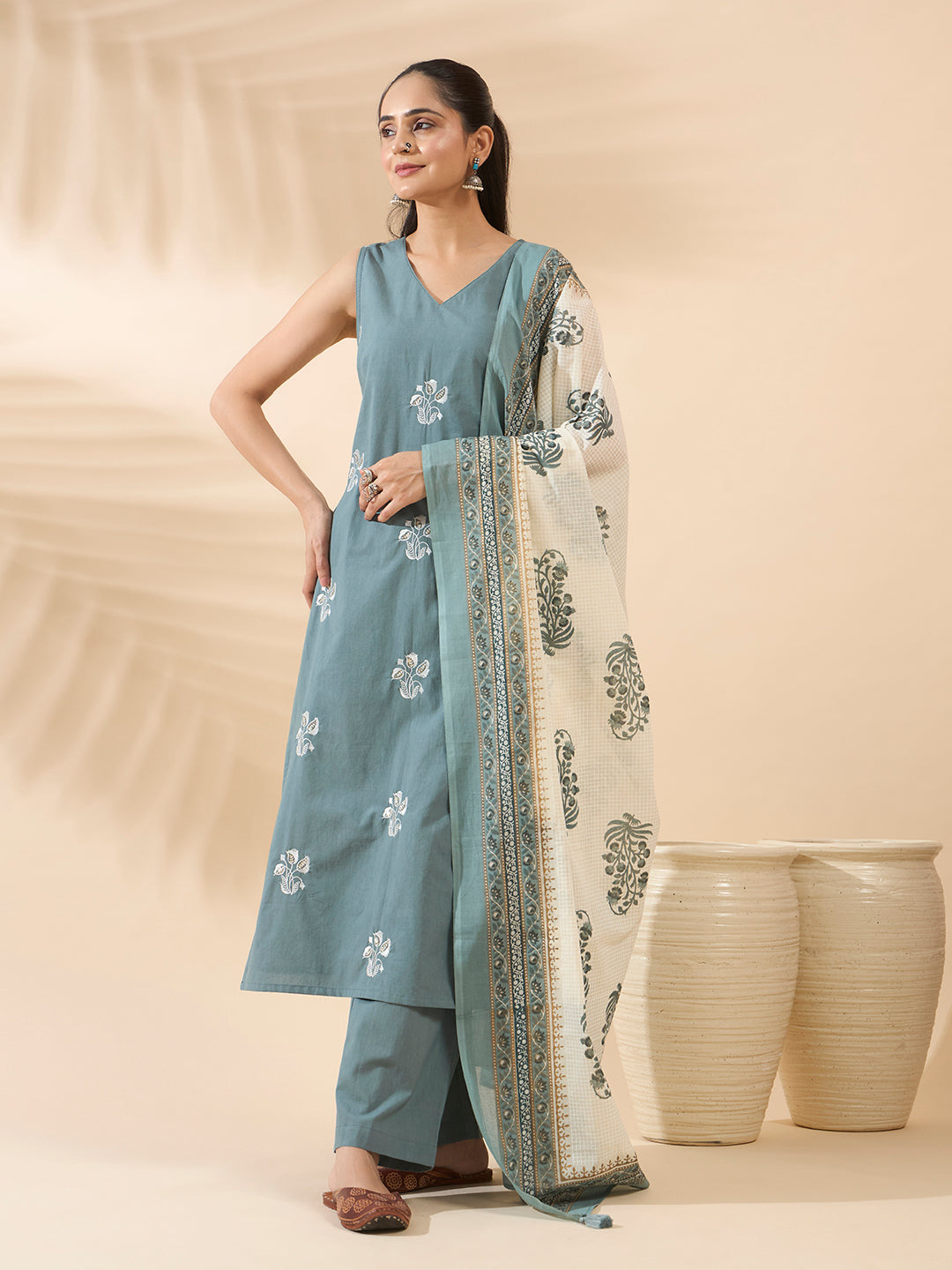 FIORRA Women's Sea Green Embroidered Pure Cotton Kurta Set with Dupatta