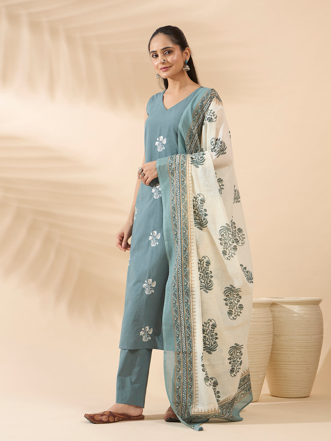 FIORRA Women's Sea Green Embroidered Pure Cotton Kurta Set with Dupatta
