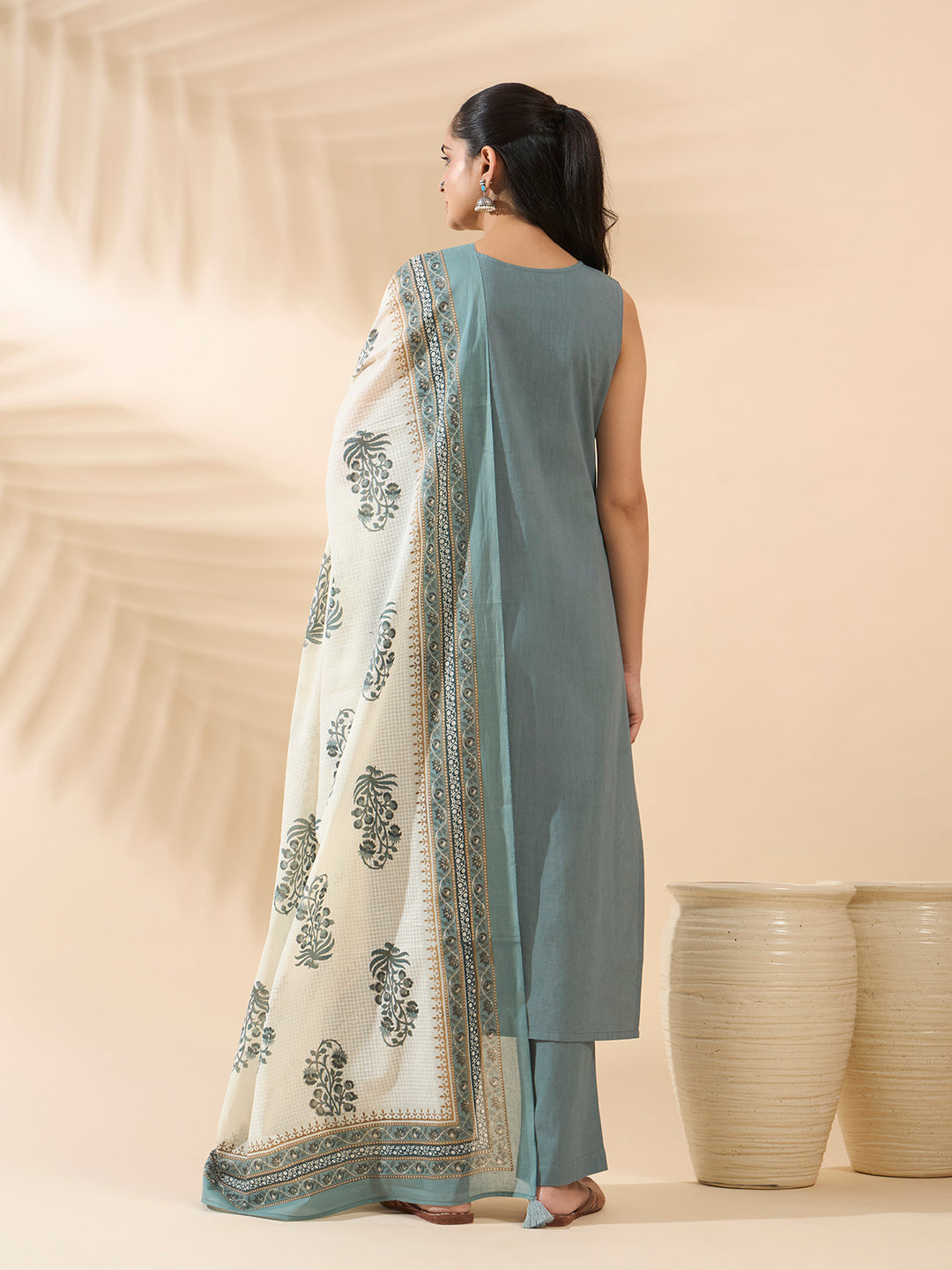 FIORRA Women's Sea Green Embroidered Pure Cotton Kurta Set with Dupatta