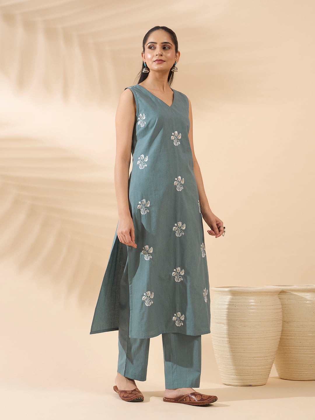 FIORRA Women's Sea Green Embroidered Pure Cotton Kurta Set with Dupatta