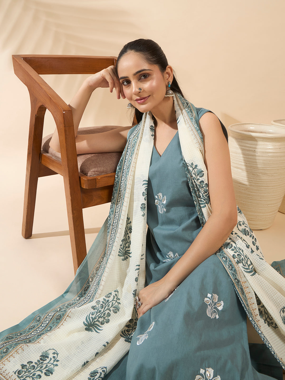FIORRA Women's Sea Green Embroidered Pure Cotton Kurta Set with Dupatta