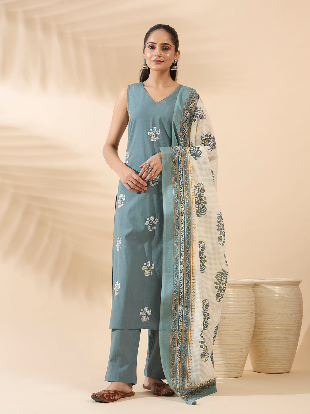 FIORRA Women's Sea Green Embroidered Pure Cotton Kurta Set with Dupatta