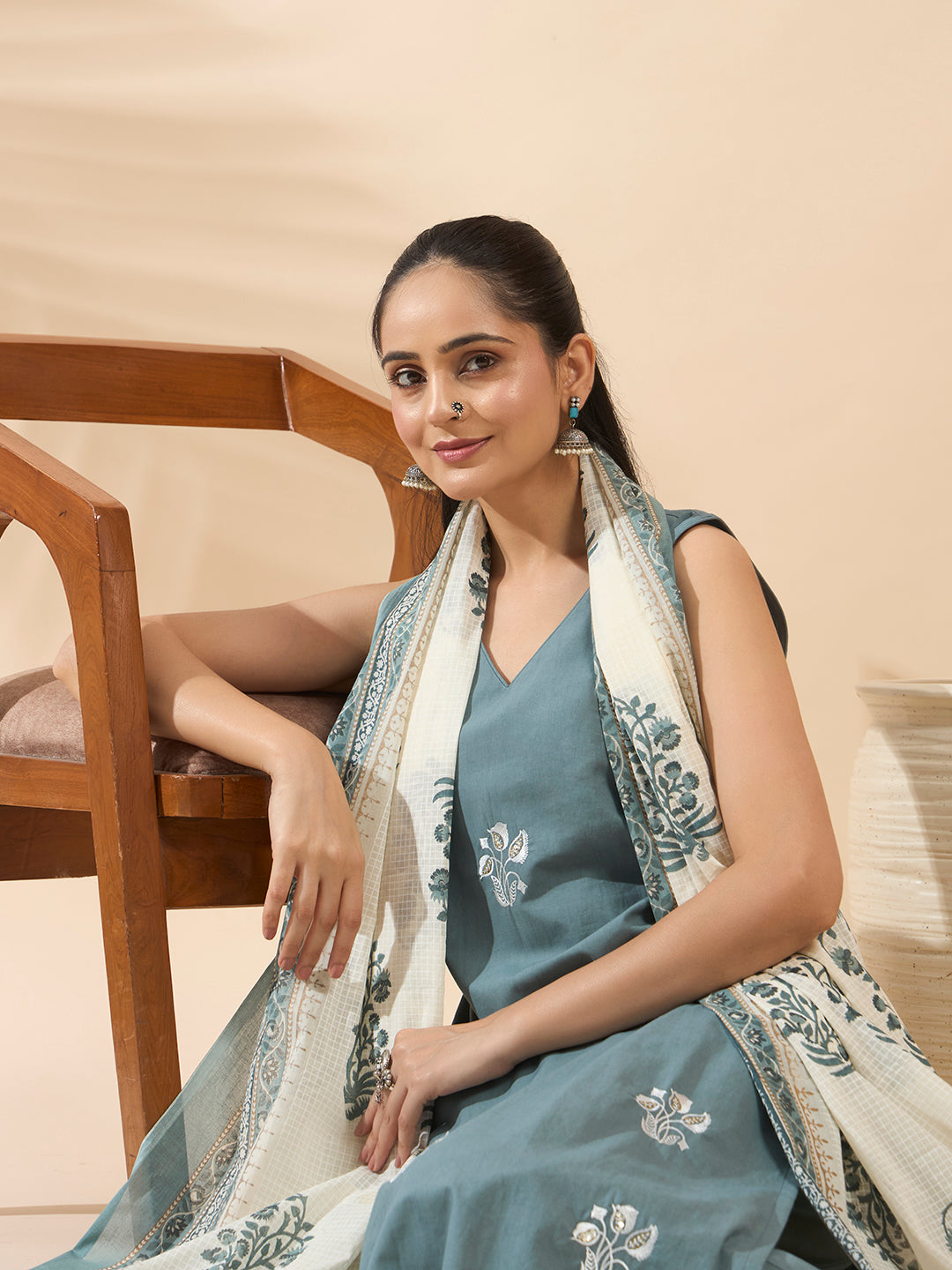FIORRA Women's Sea Green Embroidered Pure Cotton Kurta Set with Dupatta